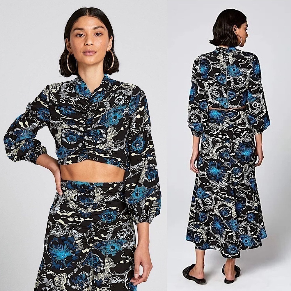 NWT ALC Silk Japanese Floral Puff Long Sleeve Ruched High Neck Zipper Crop Top 6